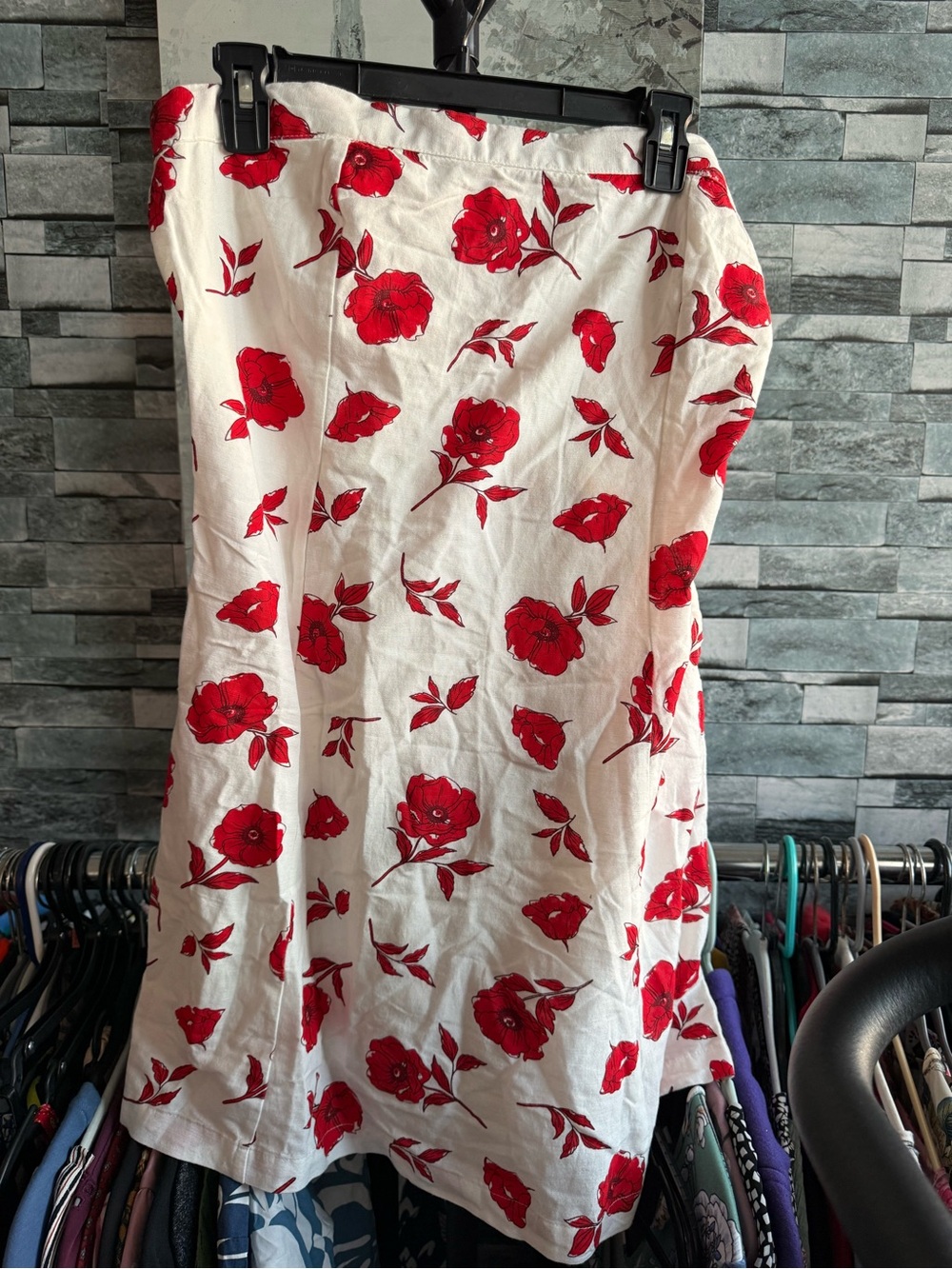Japna White Strapless Dress with Red Floral Print